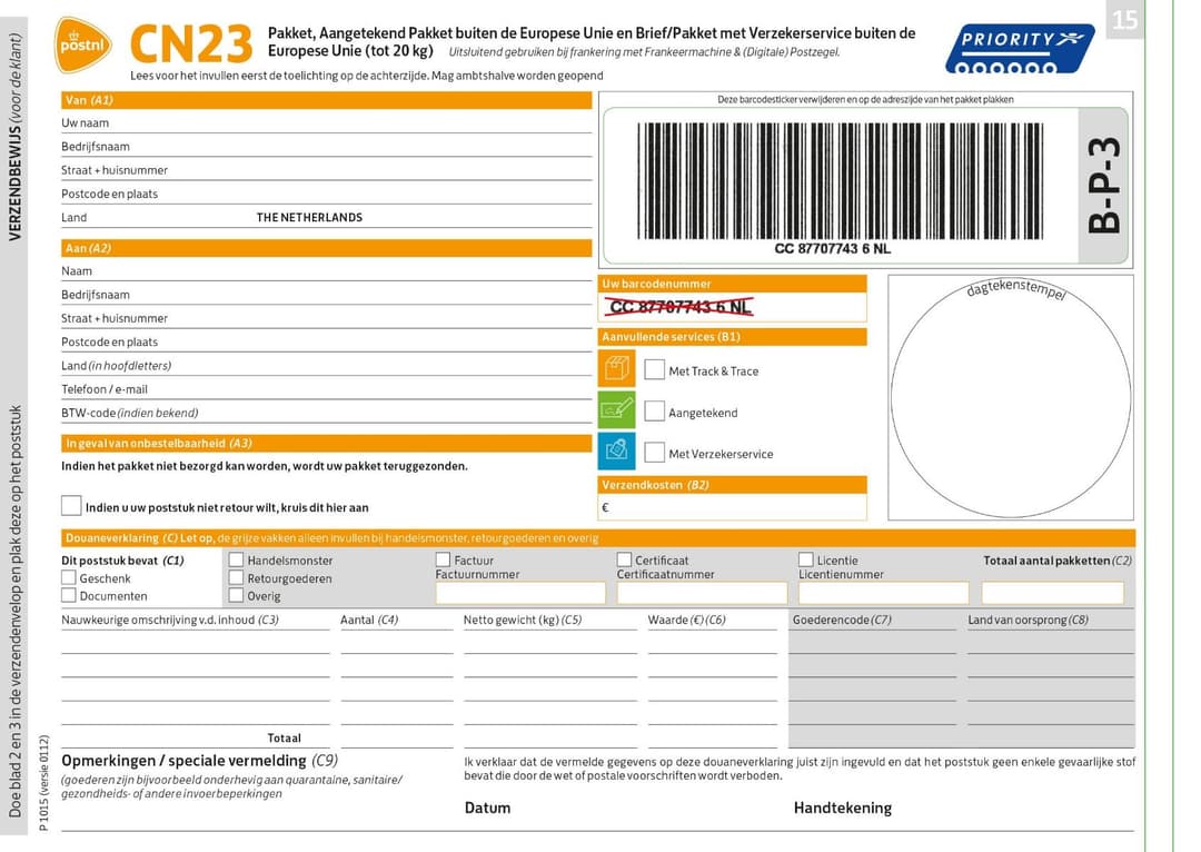 Douaneverklaring Standaard v.a. 2kg